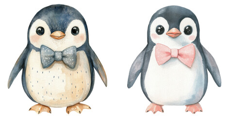 Fototapeta premium Cute cartoon penguins with colorful bow ties in watercolor art style isolated png
