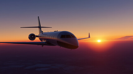 Naklejka premium Commercial Jet Ascending into a Clear Sunset Sky with Warm Orange and Purple Hues Surrounding the Aircraft