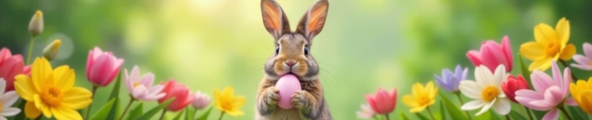Obraz premium Funny bunny holding eggs in front of colorful spring flowers , spring flowers, bunnies, easter eggs