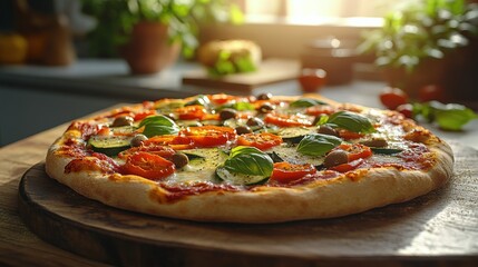 Freshly baked vegetable pizza on a rustic wooden table in a cozy kitchen setting