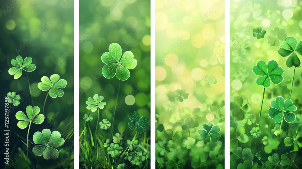 Poster four-panel illustration of vibrant four-leaf clovers with a glowing bokeh effect and soft sunlight i