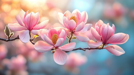 Obraz premium Pink Magnolia Blossoms in Sunlight