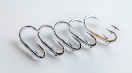 Naklejka premium Shiny fishing hooks on white background; angling equipment