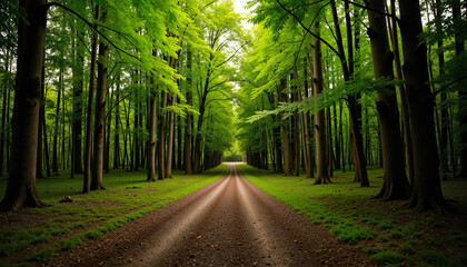 Obraz premium Serene forest path under dappled sunlight, equinox transition