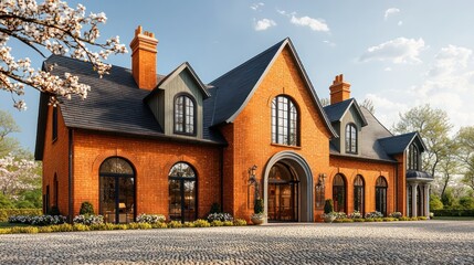 A sophisticated English residence with rustic orange bricks and contrasting sage timber cladding
