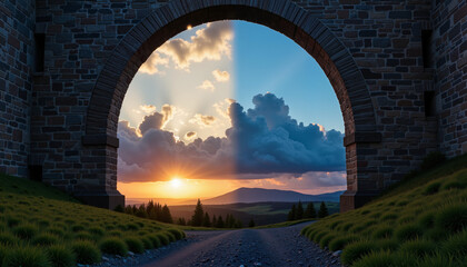 Equinox balance under stone archway at sunrise, harmony of time