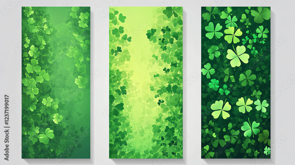 Aufkleber three-panel artwork featuring green clover leaves with a soft gradient background creating a natural