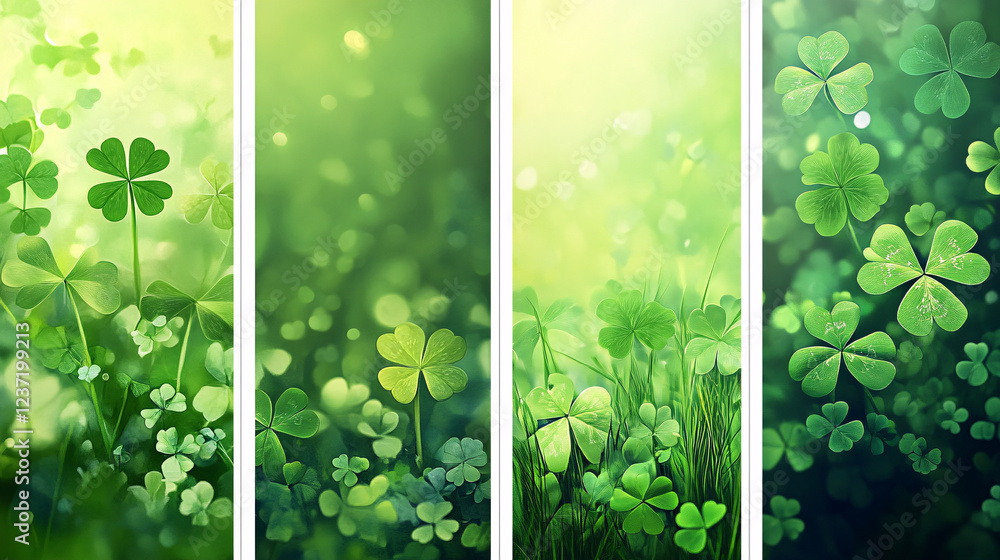 Poster four-panel illustration of vibrant green clovers with soft sunlight and dreamy bokeh in a lush natur
