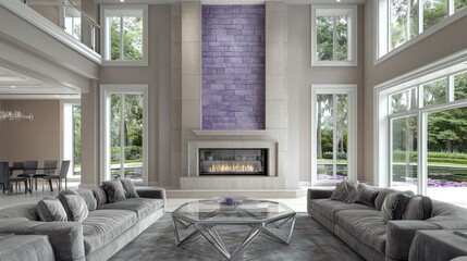 A sophisticated living room in Florida with a soft lavender and grey color scheme