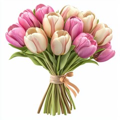 Fototapeta premium fresh bouquet of mixed tulips in romantic shades, isolated on a white background for Saint Valentines Day