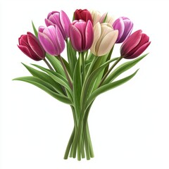 Fototapeta premium fresh bouquet of mixed tulips in romantic shades, isolated on a white background for Saint Valentines Day