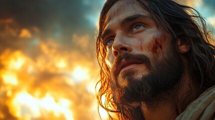 Jesus Christ Gazing Upwards with Intense Sunset Background
