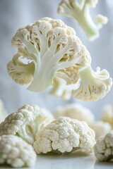 Obraz premium Floating Cauliflower Florets A Culinary Delight of Fresh, Creamy White Vegetable