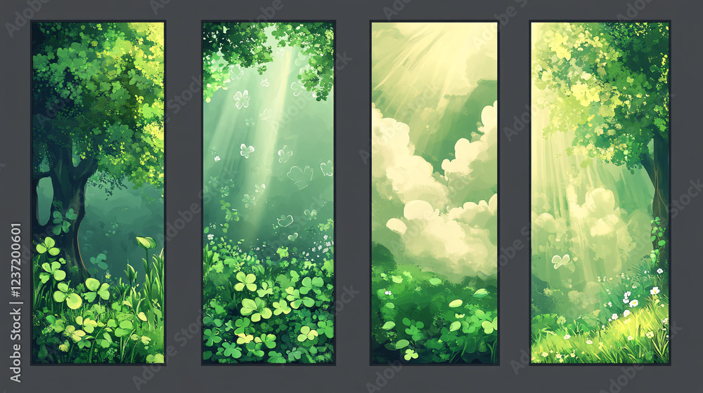Poster a set of four vertical panels depicting a lush green forest with sunlight filtering through the tree