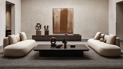 A spacious living room featuring oatmeal-colored contemporary furniture, positioned on a textured charcoal area rug