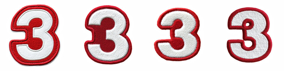Number 3, made of Patch White on Red Felt, logotype, Three isolated on a transparent background