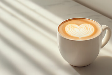 Close-up of latte with heart-shaped foam on marble counter, warm tones and inviting aroma fill the air. Relaxing coffee moment, perfect for taking a break or enjoying tranquility.