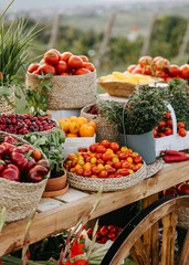 Fresh produce in woven baskets on a rustic wooden cart, tomatoes, peppers, herbs, and chili peppers in a vibrant countryside setting.
