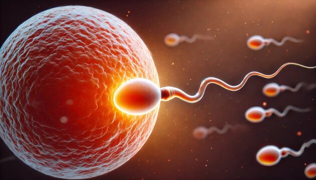 Spermatozoa fertilizing egg cell, close up view of sperm reaching ovum