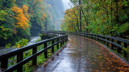 Obraz premium Rainy autumn path along river in forest