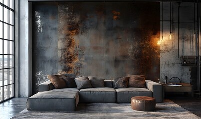 Industrial styled living room with large window, dark wall, and gray sofa
