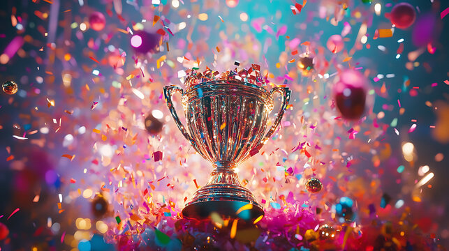 A sparkling trophy with a unique design, surrounded by confetti and celebration, marking the completion of a prestigious event (2)