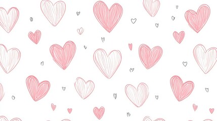 Seamless Pattern of Hand-Drawn Red Hearts with Bold Brush Strokes on White Background