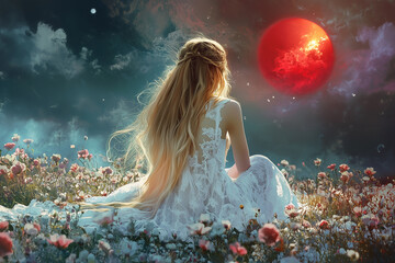 Elegant princess with long golden hair in a white lace dress, sitting in a flower field under a dark red solar eclipse