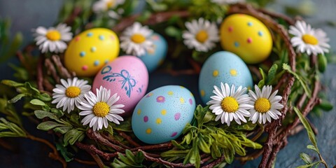 Fototapeta premium Three colorful Easter eggs in a basket with daisies and candy.