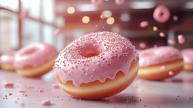 pink glazed donut levitates on pink background