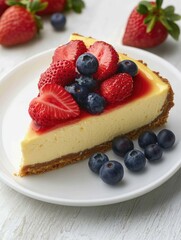 A delicious slice of creamy, dairy-free cheesecake topped with fresh strawberries, blueberries, and raspberries. A healthy dessert option that is sure to satisfy your sweet cravings.