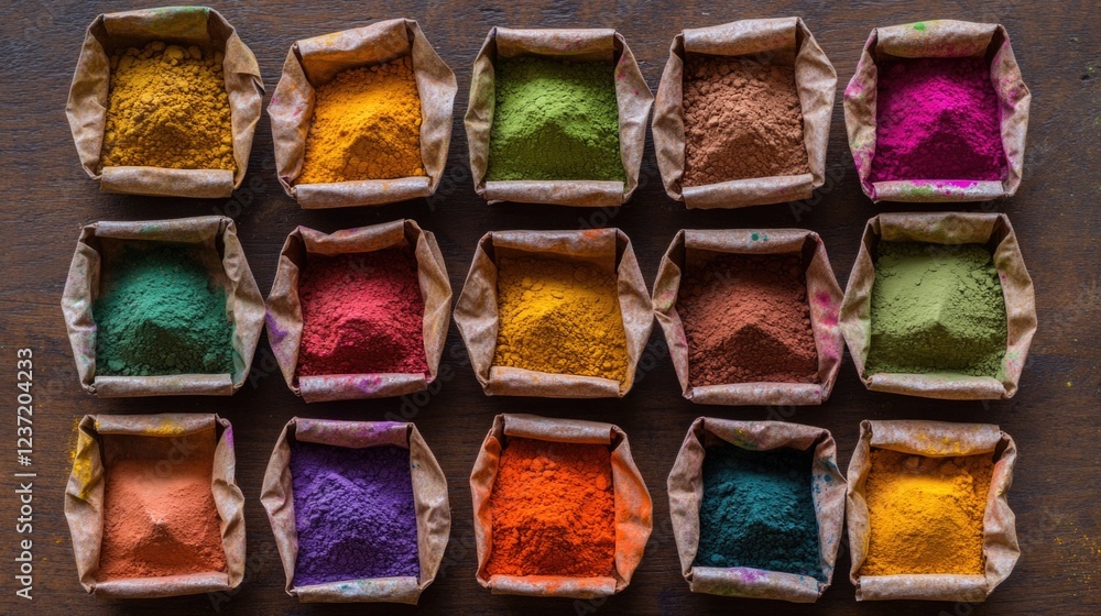 Poster a row of colorful boxes with different colored powders inside. the boxes are arranged in a line and 