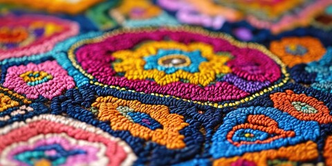 Colorful hand-embroidered pattern on a piece of textile. Paisley designs with vivid colors and intricate details.