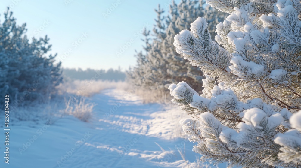 Poster a picturesque winter scene featuring a snow-covered pathway leading to the trees and forest. the lan
