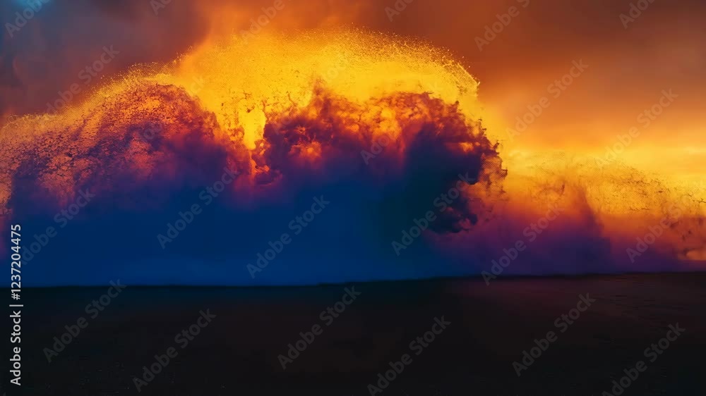 Poster Experience the breathtaking explosion of vibrant colors as the sun sets over the ocean. This mesmerizing display of fiery hues creates an unforgettable and dynamic visual spectacle. 