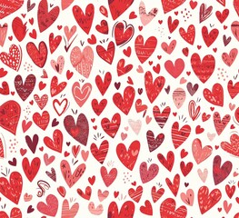 Seamless Pattern of Hand-Drawn Red Hearts with Bold Brush Strokes on White Background