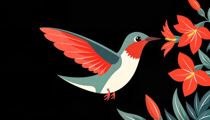 Colorful hummingbird hovering over vibrant red flowers