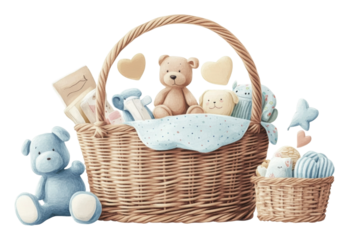 Cute toy basket with teddy bears and baby items isolated on transparent background