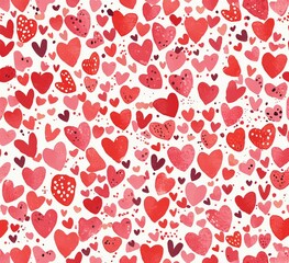 Seamless Pattern of Hand-Drawn Red Hearts with Bold Brush Strokes on White Background