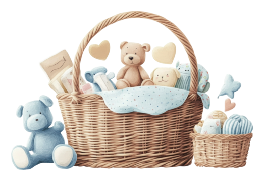 Cute toy basket with teddy bears and baby items isolated on transparent background
