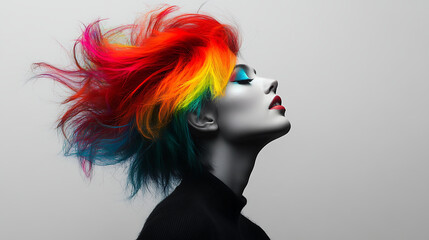 A person with a vibrant, multicolored hairstyle, standing in front of a stark black and white background to emphasize their uniqueness (4)