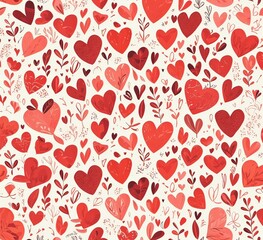 Fototapeta premium Seamless Pattern of Hand-Drawn Red Hearts with Bold Brush Strokes on White Background