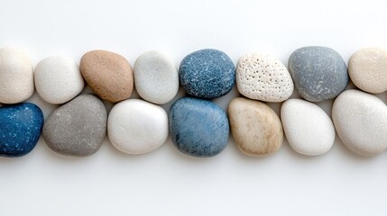 Smooth stones line, white background, zen, spa