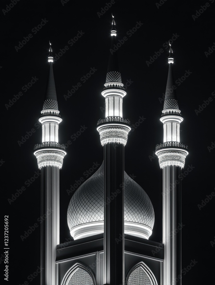 Poster the image is a black and white photo of a tall building with three pointed spires. the building is l