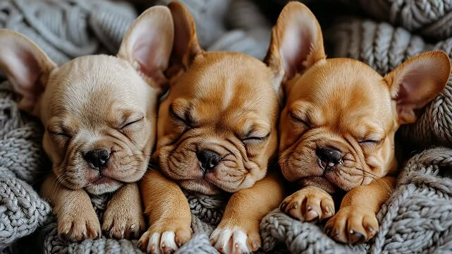 Three adorable French Bulldog puppies sleeping peacefully together, nestled in a cozy blanket, with their eyes closed and a serene expression.