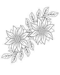 Two large flowers with small leaves - vector linear drawing for coloring. Flowers with leaves - spring and summer pattern for coloring books. Outline.	