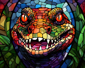 Buntes Glasmalerei-Kunstwerk eines Dinosauriers