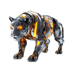 Robotic Tiger with Glowing Stripes and Chrome Plating Isolated on Transparent Background