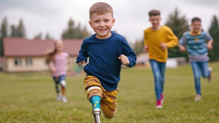 Running children in a park wearing prosthetics, emphasizing inclusive sports and active lifestyle.