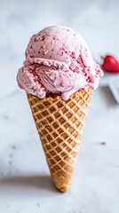 Strawberry ice cream in classic waffle cone on marble surface. Concept of sweet treats, summer dessert, indulgence, refreshing snack. Vertical shot